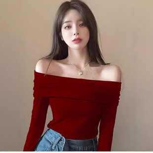 Velvet Shoulder Long-sleeved T-shirt Women's Spring Autumn and Winter Slim-fit Shoulder-exposed Sexy Inner Warm Base Shirt Top Outer Wear