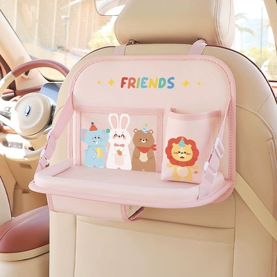 Car seat back dining table storage bag, foldable multifunctional storage rack for car use, cartoon children's travel tray (Car table board) - foldable-dining-table-pink-elephant-and-bear-cannot-be-used-on-a-tricycle