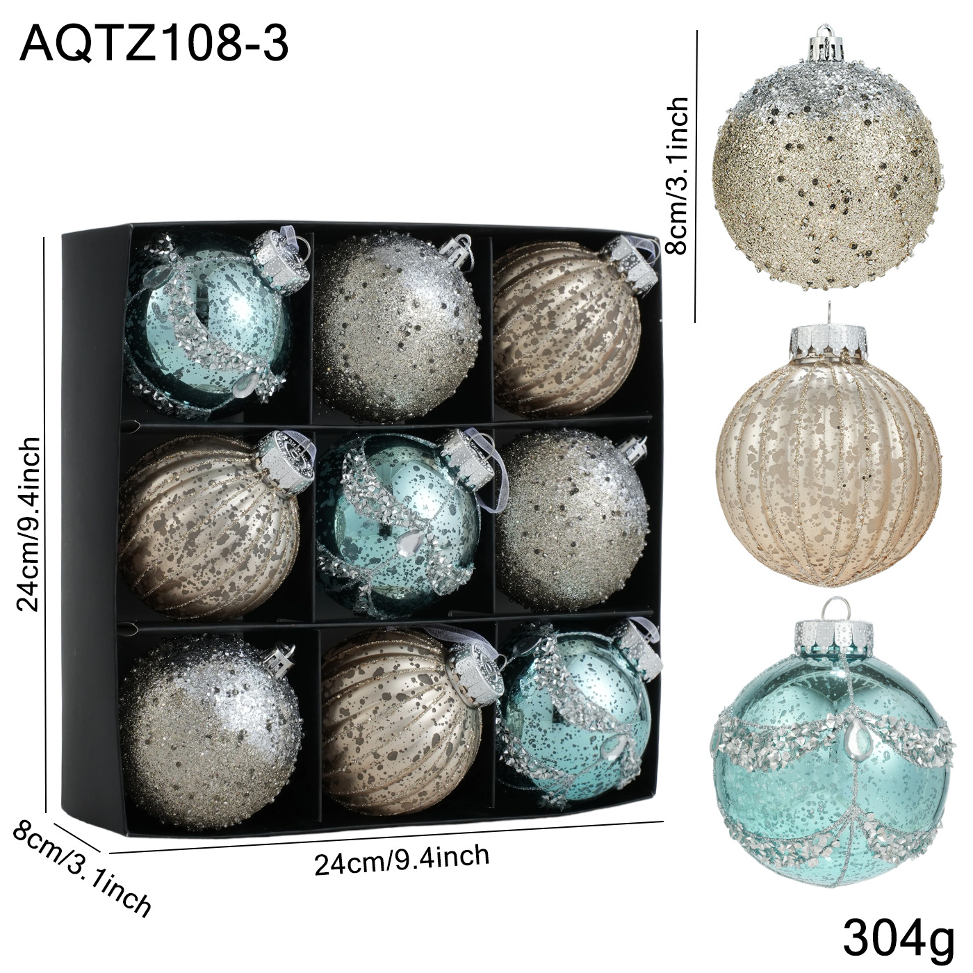 Nuevo producto 8CM pintado polvo adhesivo colorido bola de Navidad colgante bola set caja de decoración de Navidad colgante árbol de Navidad