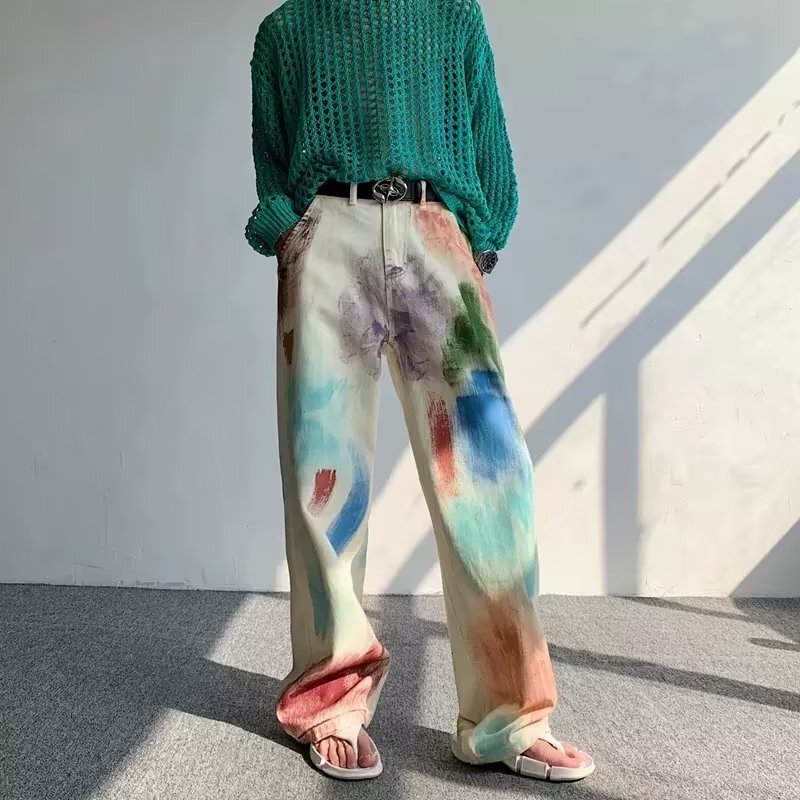 Hand-painted oil painting color painted denim pants men's tall and thin summer American tie-dye flared pants for boys