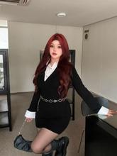 大码女装微胖女孩秋季纯欲风辣妹性感假两件领衬衫连衣裙女