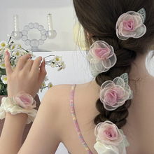 超仙粉色玫瑰花发圈2024新款高端头绳花朵发夹可爱扎头皮筋发饰
