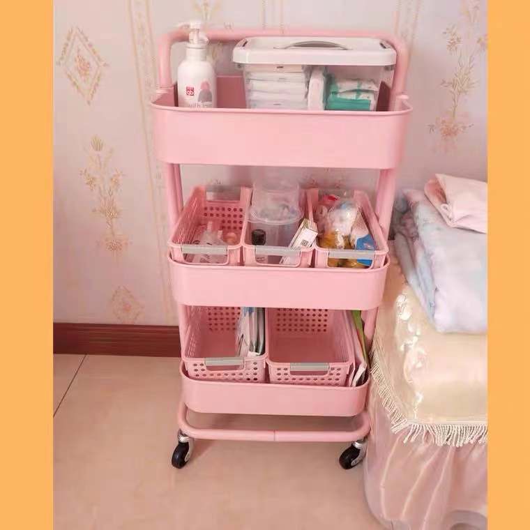 Internet-famous cart with tattoo embroidery and cupping therapy storage rack, three-tier movable bookshelf, kitchen cart with wheels for beauty treatments.