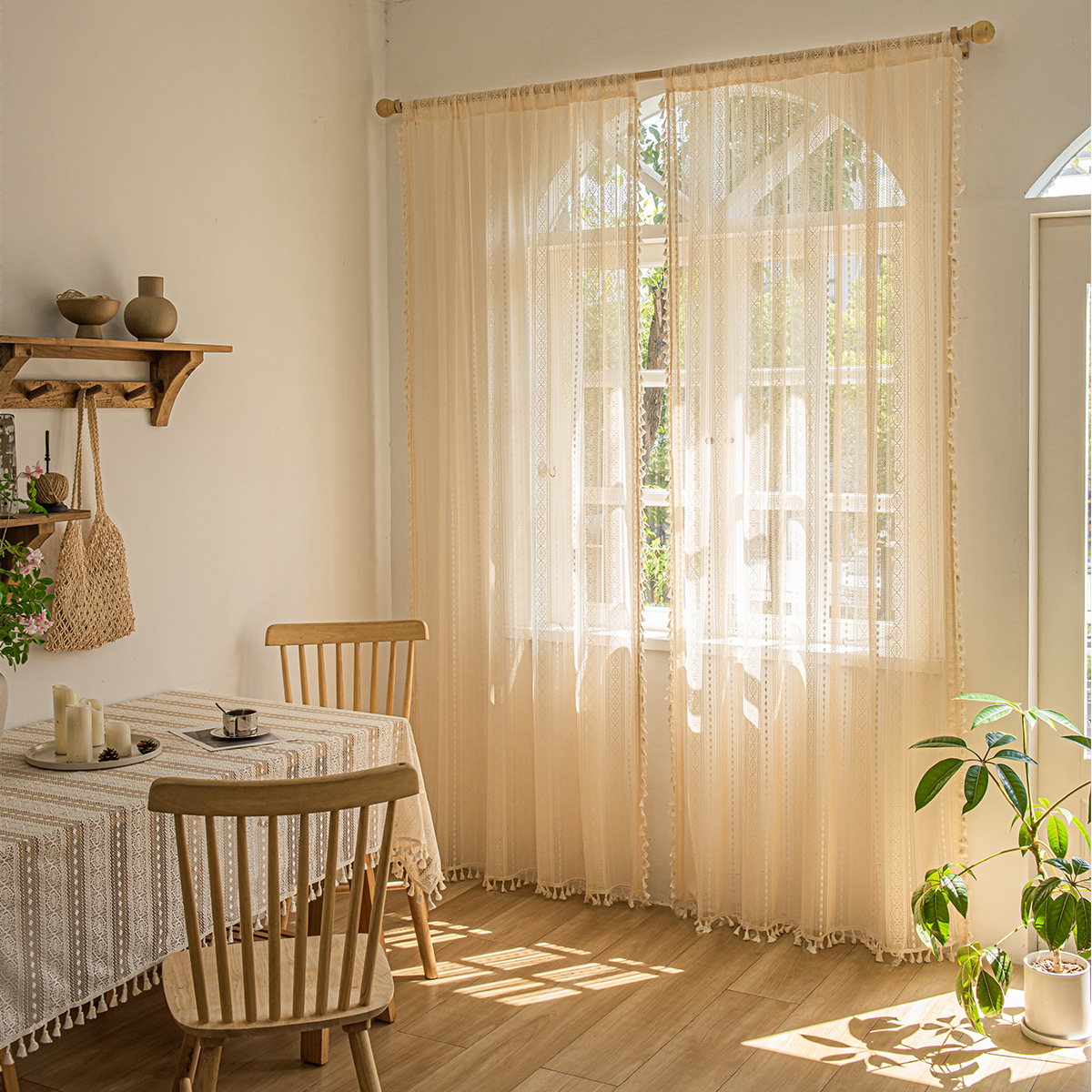 Rèm dài tua rua ba mặt chấm bi bohemian / 1,48*1,6m (58in*63in) 2 miếng