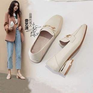 Genuine Soft Leather Women's Shoes with Chunky Heels, British Style Versatile Mid-Heel Slip-On Loafers
