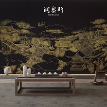润黎斯新中式轻奢壁纸金色线条阁楼壁画高端2023新款电视背景墙布