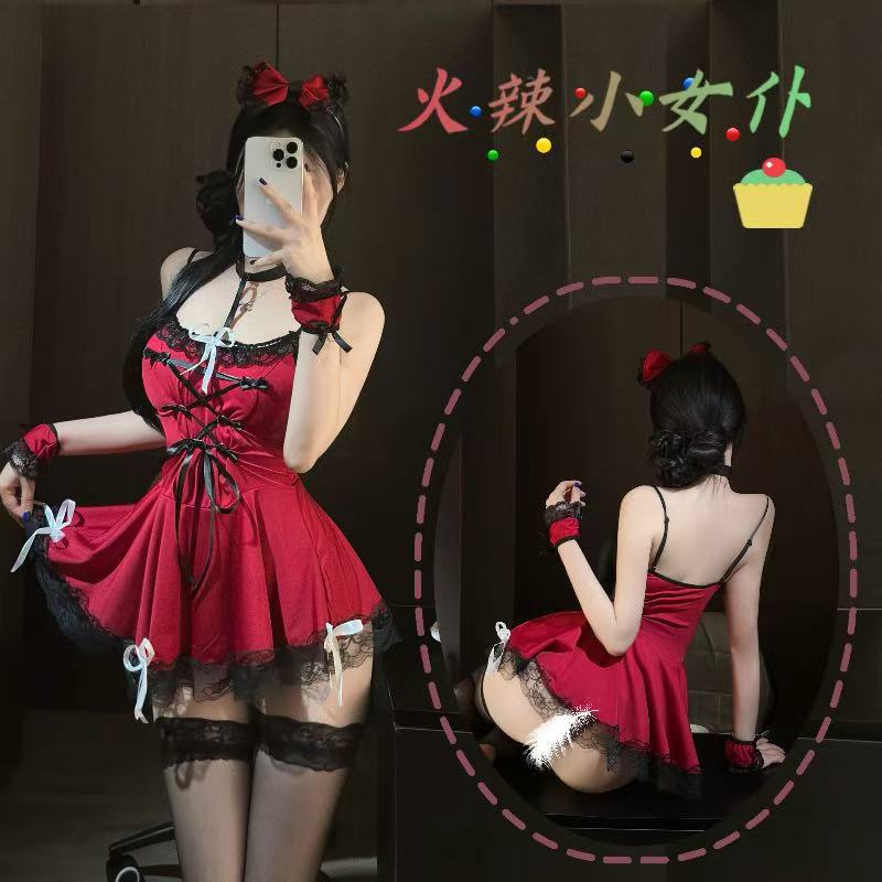 Maid Roleplay Lingerie Set with Red Uniform and Black Bodystocking — detail image 1