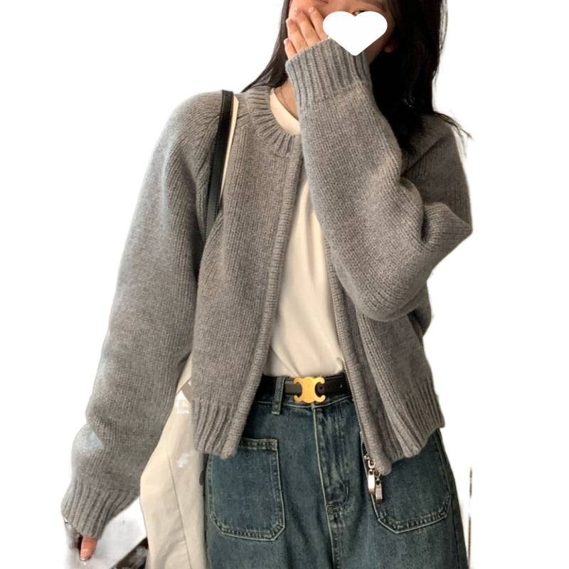 韩系圆领拉链毛衣外套女温柔宽松短款小个子针织开衫上衣|undefined