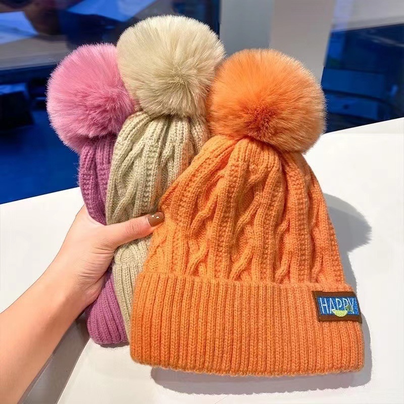 Hat women's winter fleece-lined warm wool hat women's winter trendy fur ball knitted hat Korean style fashionable all-matching thick cold-proof hat