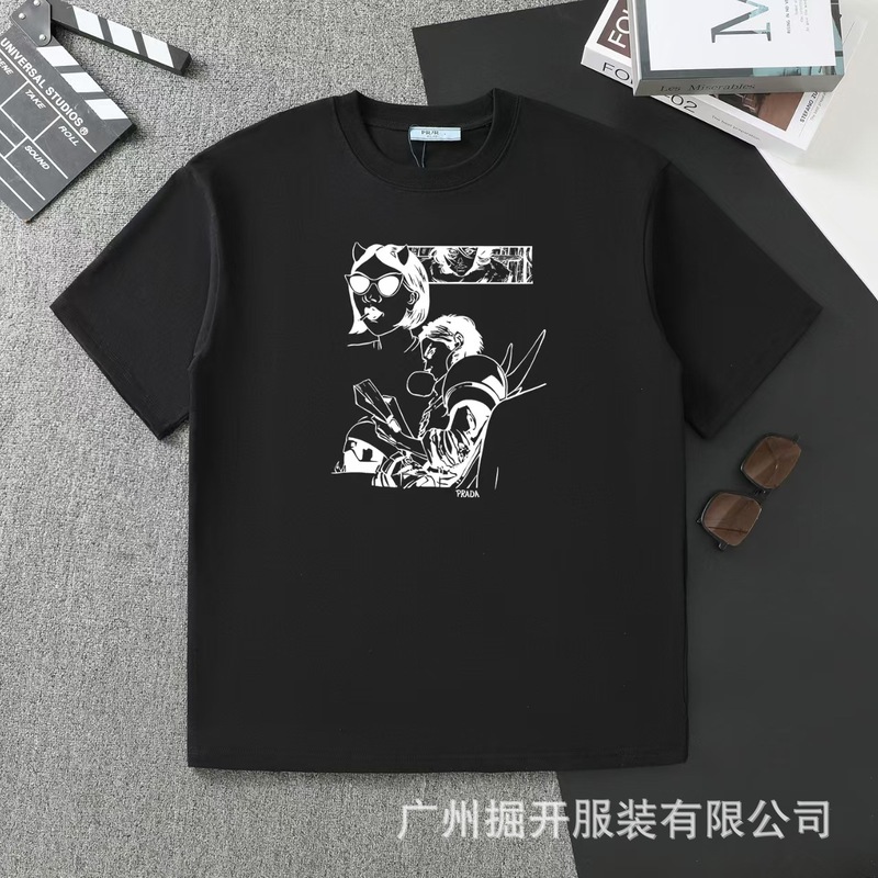 クロスボーダー 2025 夏のトレンドブランド P ファミリー新レタープリントラウンドネック Tシャツカジュアルファッショントレンド半袖男性と女性|undefined