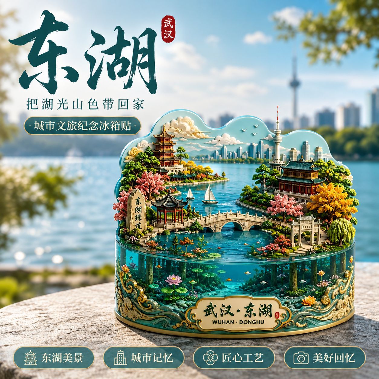 武汉东湖冰箱贴金属浮雕旅游纪念品伴手礼礼物装饰门贴文创冰箱贴