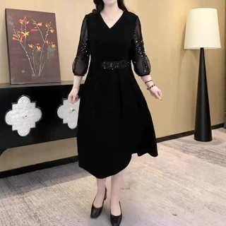 夏季新款时尚奢华贵妇珠片网纱休闲礼服连衣裙子宽松显瘦大码女装