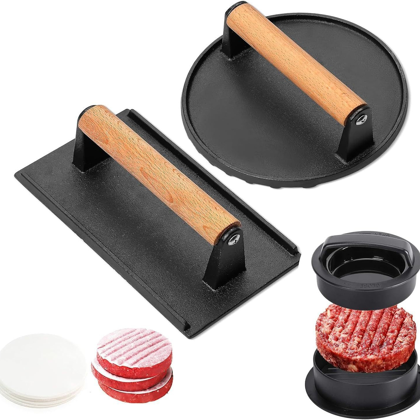 3 pieces of crushing the burger crusher kit, the burger pressure is suitable for baking trays, cast iron barbecue press with wooden handle 5