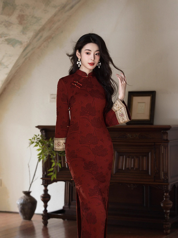 2025秋冬新款旗袍新中式酒红色复古倒大袖旗袍订婚礼服敬酒服旗袍|undefined