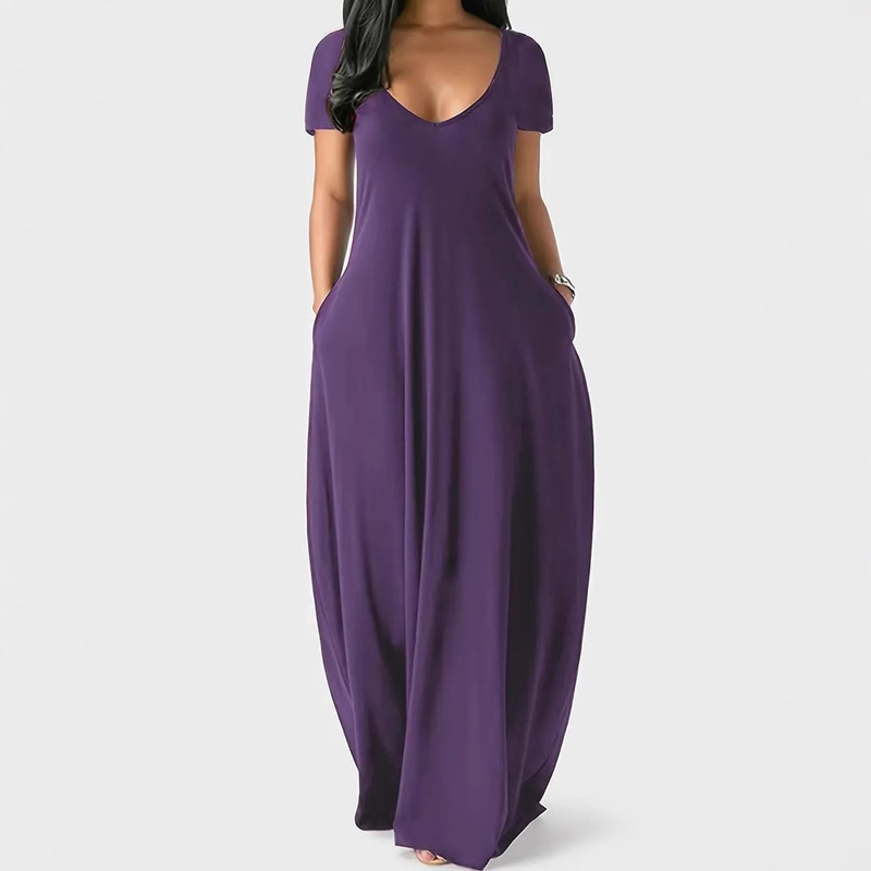 Ready-To-Ship 2025 European and American Cross-Border Simple Dress - Casual Short-Sleeved Maxi Dress with Pockets