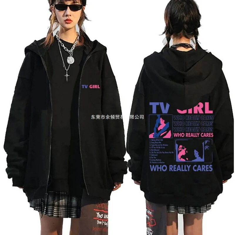 Men, women, TV girls, who truly cares? Graphic print zip-up hoodie, fashionable casual oversized jacket