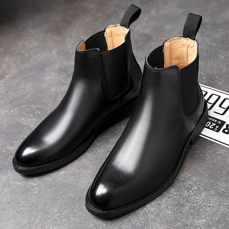 Men's Leather High-top Boots Pointed-toe Slip-on Chukka Shoes_voghion.com