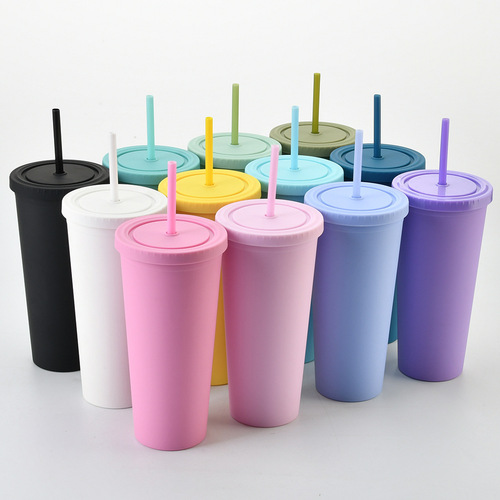 Cross-border direct supply double-layer plastic straw cup customized simple 24OZ large capacity water cup frosted cup