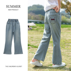 2024年夏季女中大童牛仔褲休閒高腰設計直筒褲子出行搭配一件代發