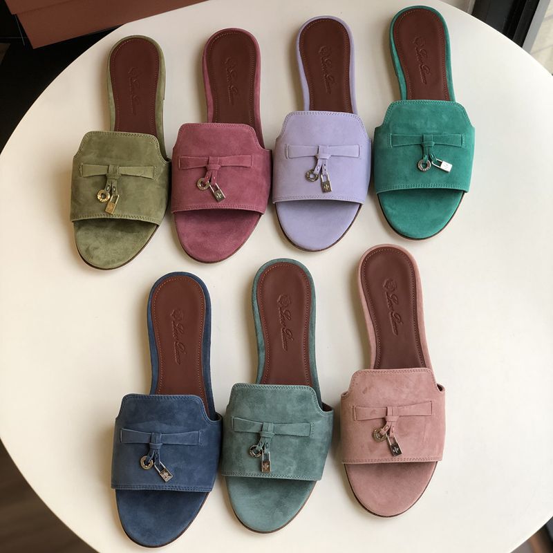 Dongguan Export Pure Original! L P Genuine Leather Flats Pendant One-Strap Slippers for Women's Home Slip-On Lazy Sleeping Shoes