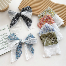 新款蕾丝拼接长条小丝巾女春夏韩版百搭配饰碎花领巾绑包发带发饰