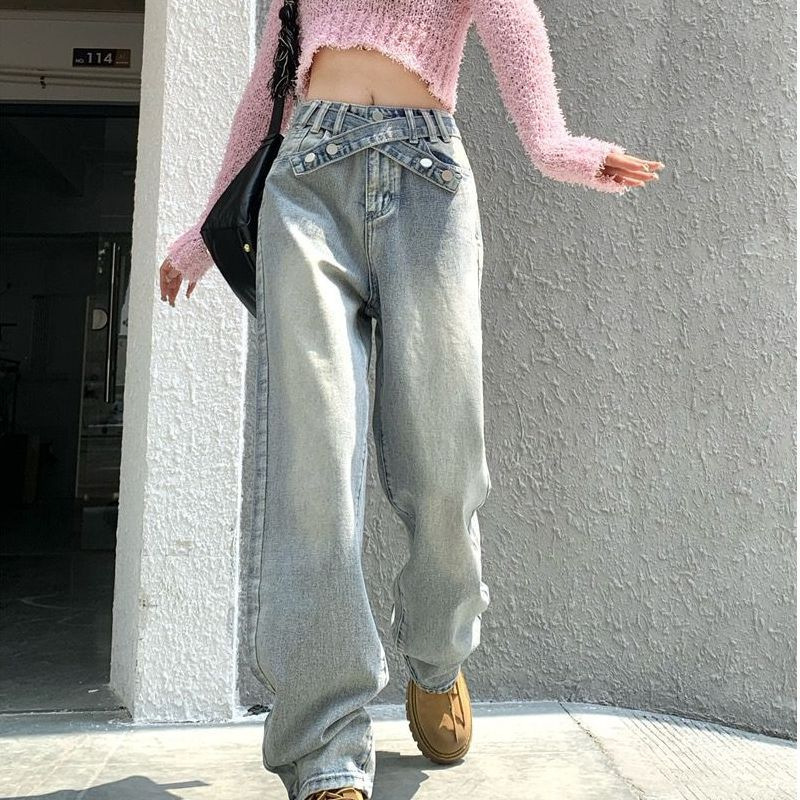 High Waist Straight Wide Leg Cross Jeans Women's 2025 Spring New Retro Niche Design Chic Trousers