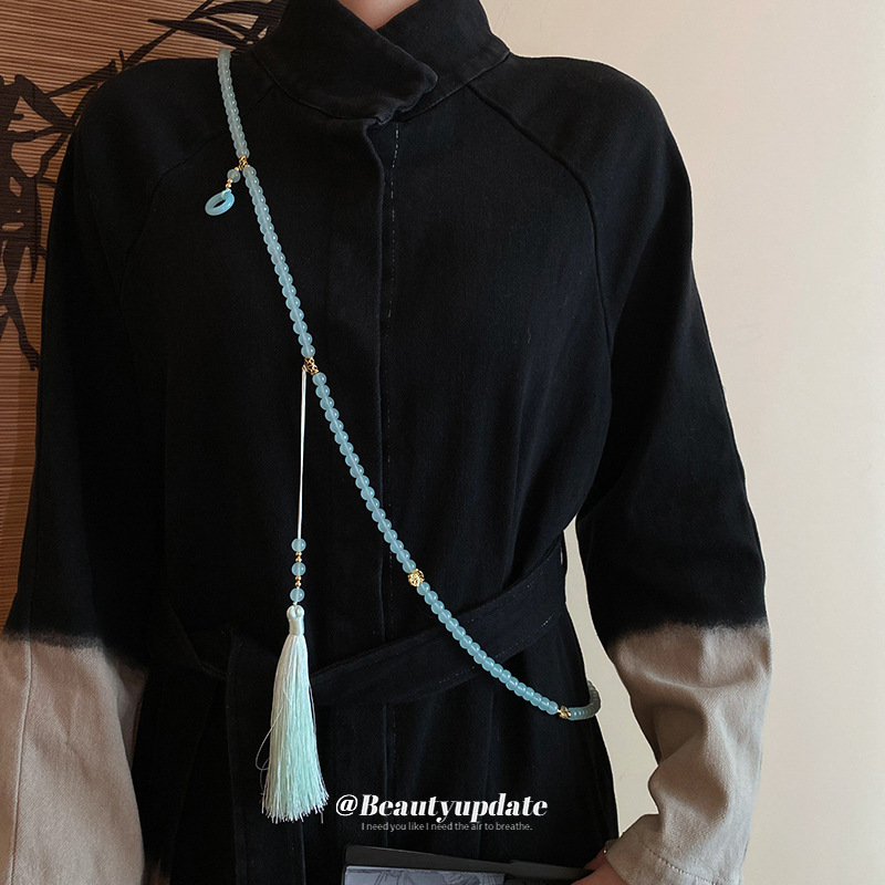 Estilo antiguo Zen azul azul vidrio borla collar nuevo estilo elegante estilo chino tapeta de presión cadena lateral estilo caliente falda de caballo accesorios mujeres