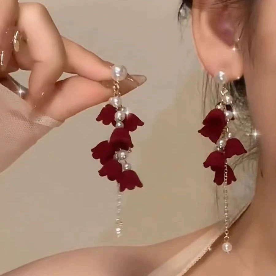 Festive red cute long demi-season earrings with bow with tassels, flowered