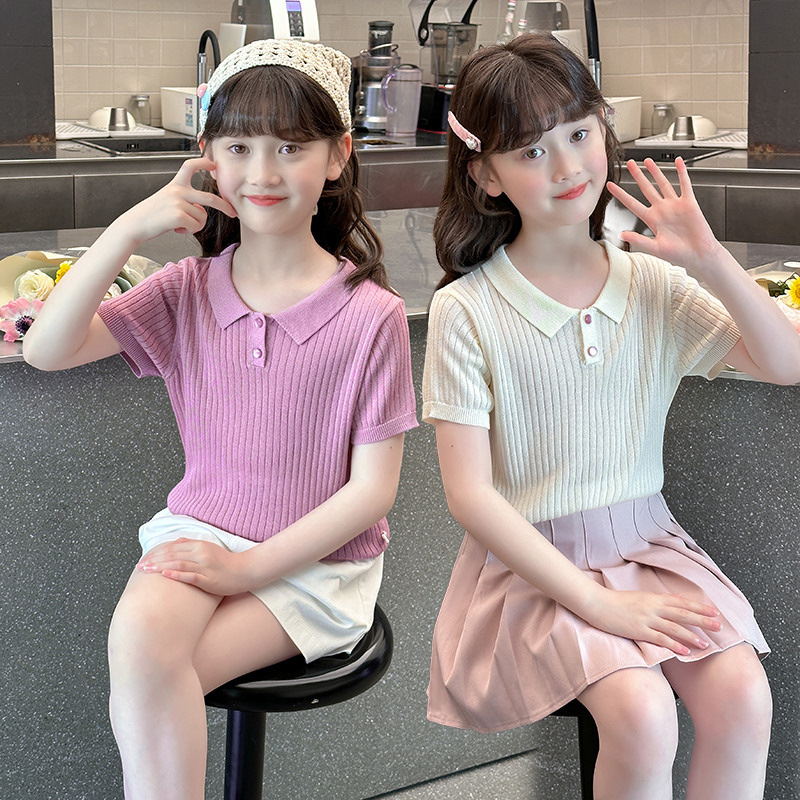 New polo shirt, knitted ice silk, slim fit, unique, off-shoulder short-sleeved t-shirt for girls, summer short top.