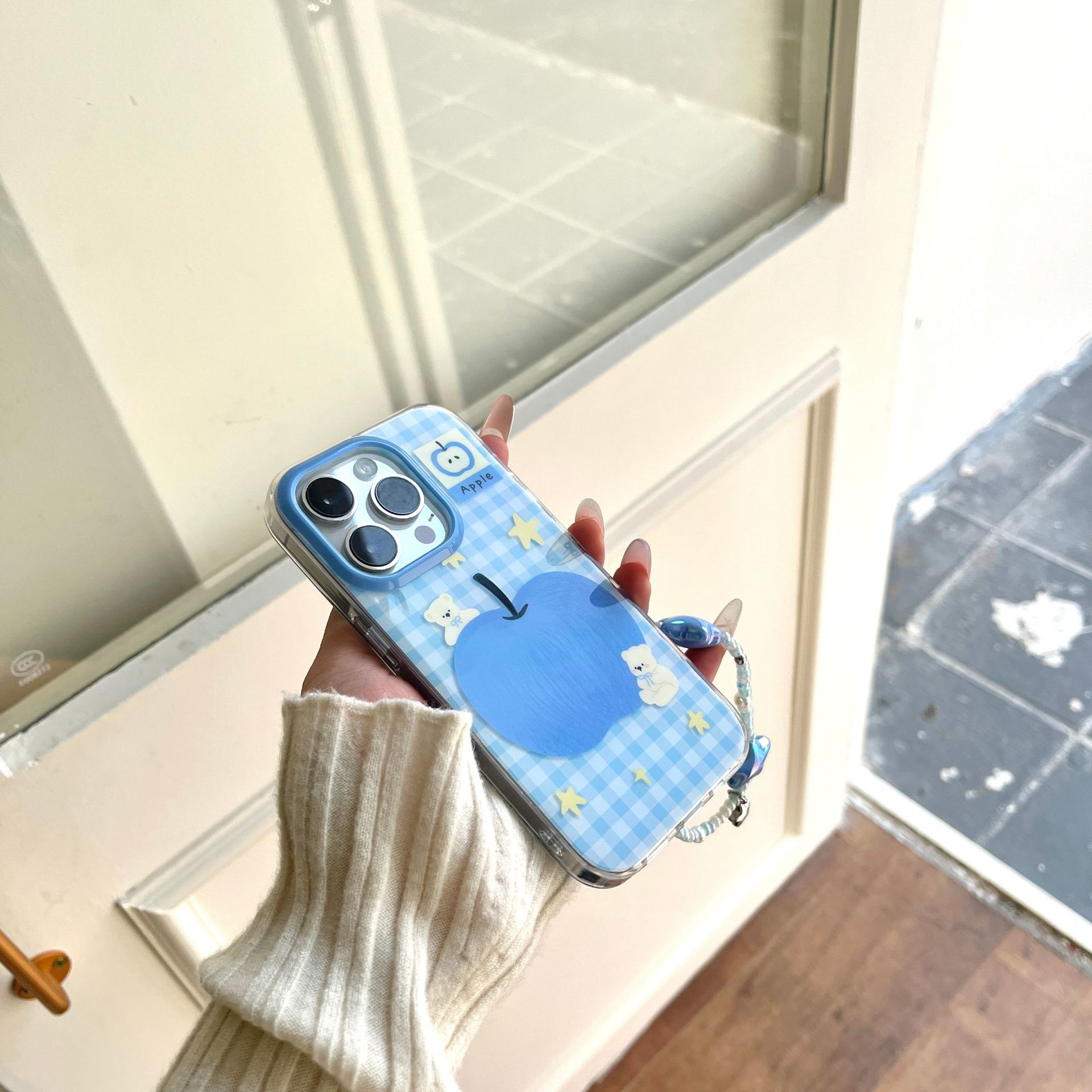Coreano azul a cuadros Apple Bear para iPhone15Pro Pareja Funda para teléfono móvil 16ProMax Nuevo 14/13