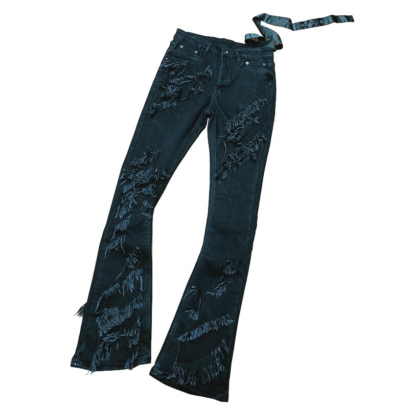 Ro Style High Street Dark Double-Layered Big Destruction Fur Edge Slim Fit Elastic Leg-Lengthening Black Denim Pants for Men and Women