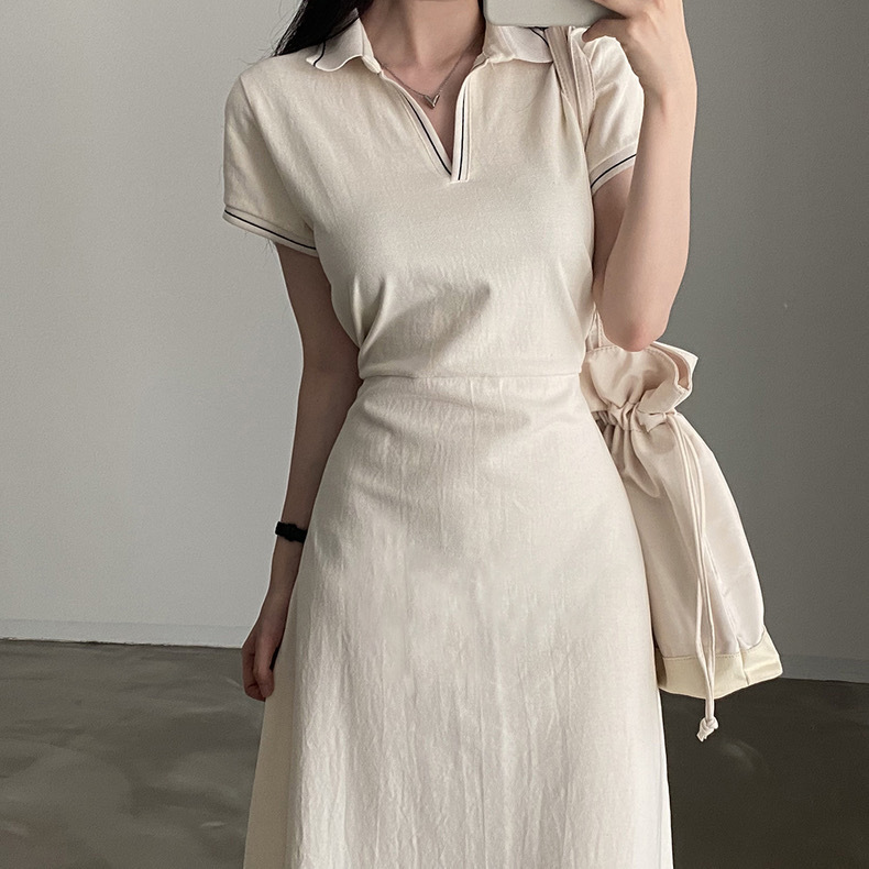 clothing wholesale dress women summer French retro Korean POLO collar contrast color trim waist slim short
