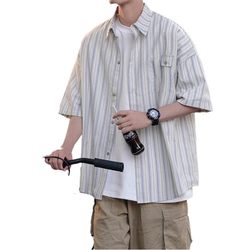 Cityboy japonés a rayas camisa de manga corta marca de moda de los hombres de moda juventud sentir desgaste camisa de media manga abrigo estilo verano