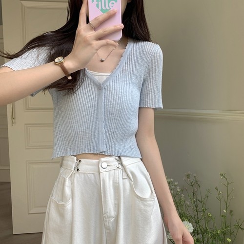 Ice silk knitted short-sleeved cardigan thin women's shawl summer with suspender skirt and sun protection blouse French waistcoat