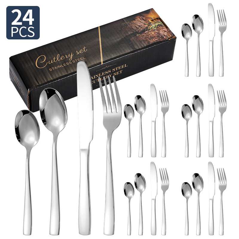 Transfronterizo Amazon cubiertos de acero inoxidable de mango cuadrado 20 / 24 / 30 piezas set cuchillo de filete de comida occidental tenedor cuchara set box