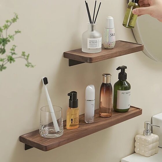 Walnut Storage Rack New Chinese Style Light Luxury Bathroom Solid Wood Board Laminated Wall Hanging Storage Toilet Board