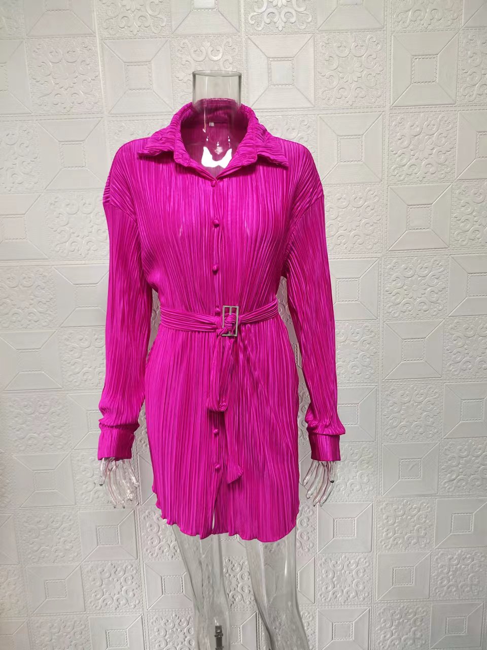 Women's Clothing 2024 women's new shirt collar fashion women's elastic waist pleated long sleeved lace up dress_mkmklike.com