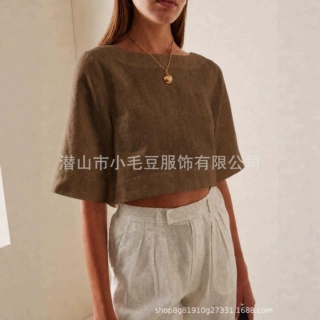 2026欧美跨境女装纯色简约气质短袖T恤宽松短款休闲通勤上衣