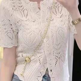 新款短袖针织衫女夏法式复古镂空钩花小衫内搭打底衫开衫上衣