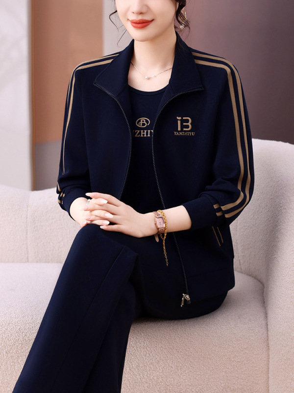 立领妈妈洋气休闲运动套装2025新款中老年女春秋季大码卫衣三件套|undefined