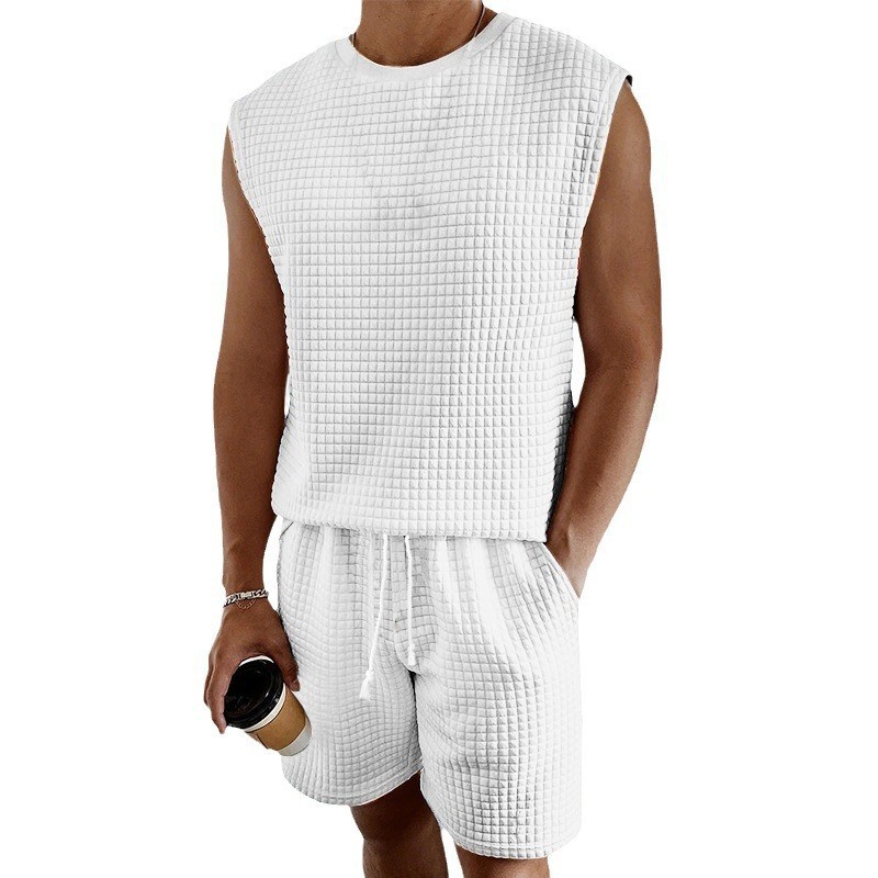 Men's Sports Suit For Summer Leisure Small Checkered Sleeveless Vest And Shorts Set New_voghion.com