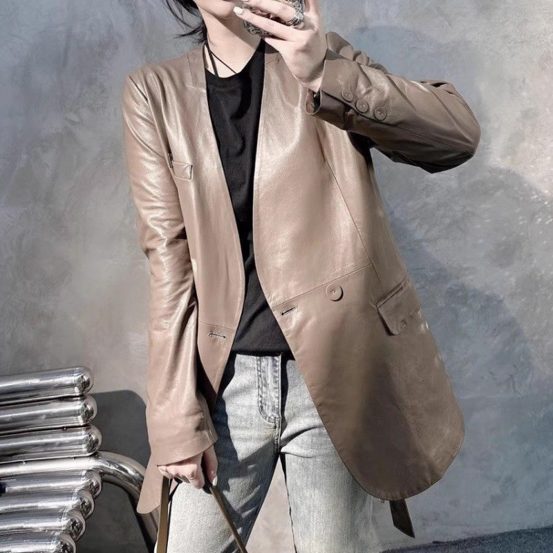 New Style Puleather V-neck Suit Women's brown Niche Sheepskin Mid-length Leather Tight Waist Slimming All-match Trendy Coat