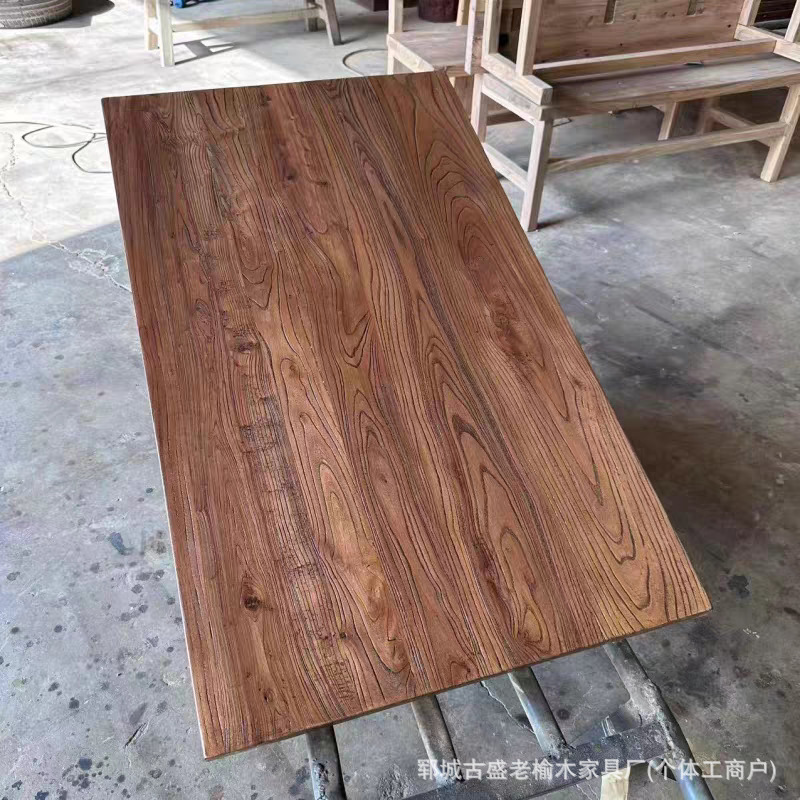 Vintage Old Elm Wood Office Conference Table Top with Weathered Texture, Old Door Panel Solid Wood Balcony Bay Window Table Top