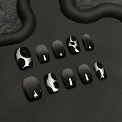 銀色魔鏡粉泡泡漸變黑冰透短款氣質假指甲純手工美甲穿戴甲光療甲