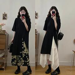大きいサイズの夏の新型の透かし彫りの長いタイプは半袖の丸首の長いtシャツをオープンします。