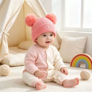 刺绣双绒球毛线帽可爱婴儿针织帽双爱心宝宝舒适亲肤保暖御寒帽子