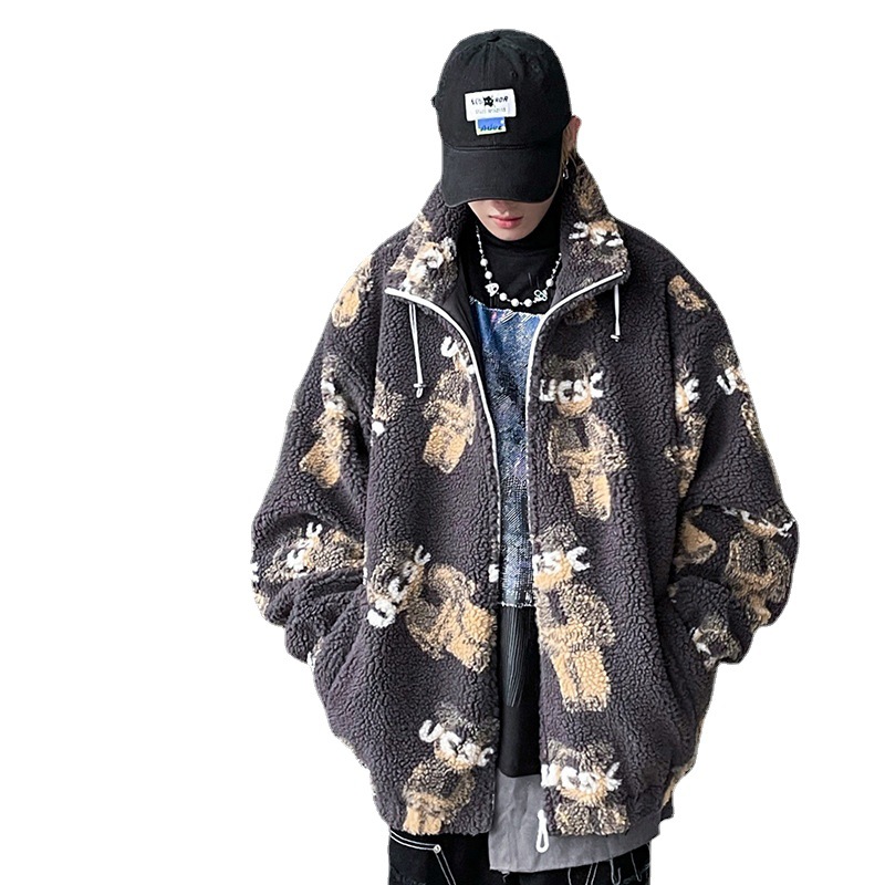 Men's Clothing Fashionable Lambswool Jacket Robot Bear Jacket Loose Drop Shoulder Cotton Coat_voghion.com