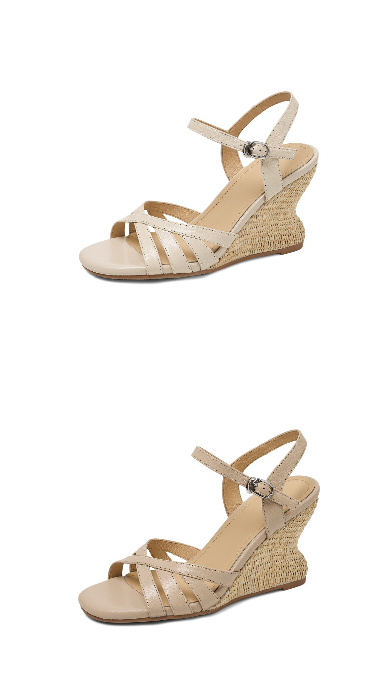 Sandal cao gót nữ hở mũi quai ngang đế xuồng bện cỏ — màu trắng ngà, màu mơ chi tiết 17