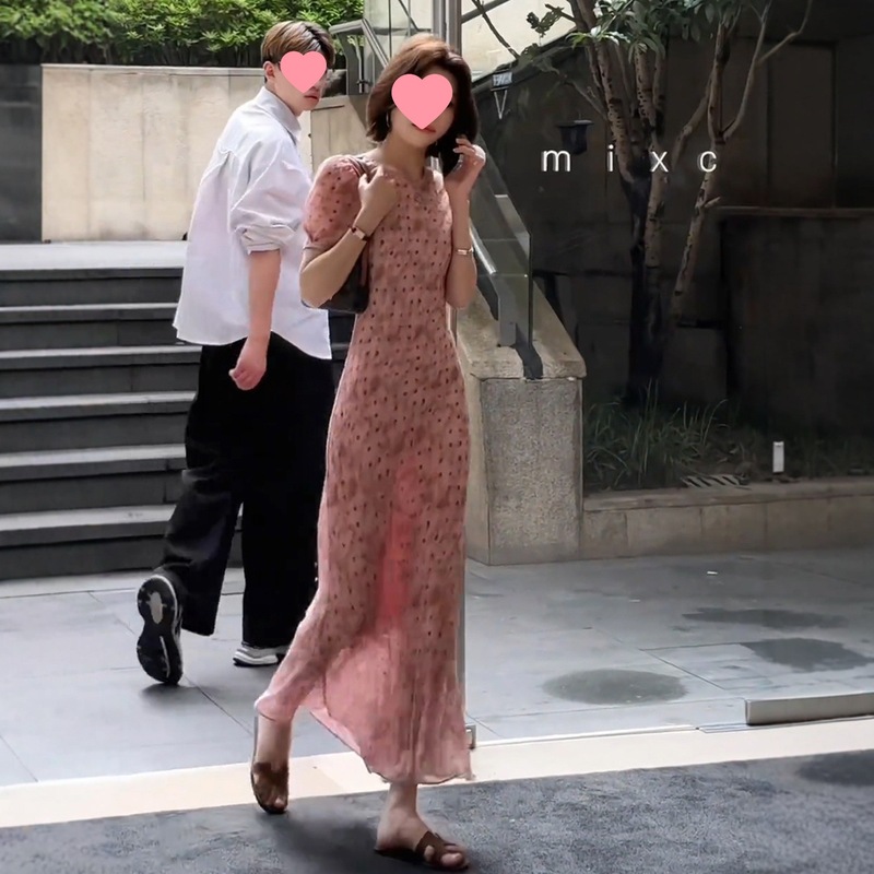 跨境斜裁渐变粉波点花卉连衣裙女夏今年流行爆裙子法式浪漫气质长|undefined
