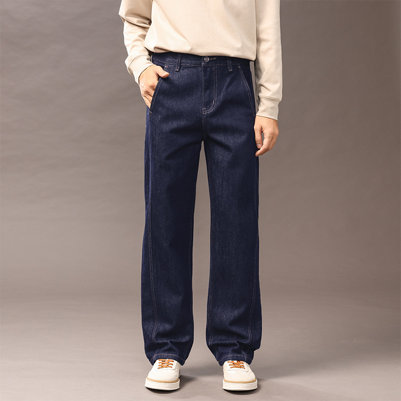 Mn Autumn and Winter New Loose Straight-Leg Anti-Fading Blue Washed Jeans